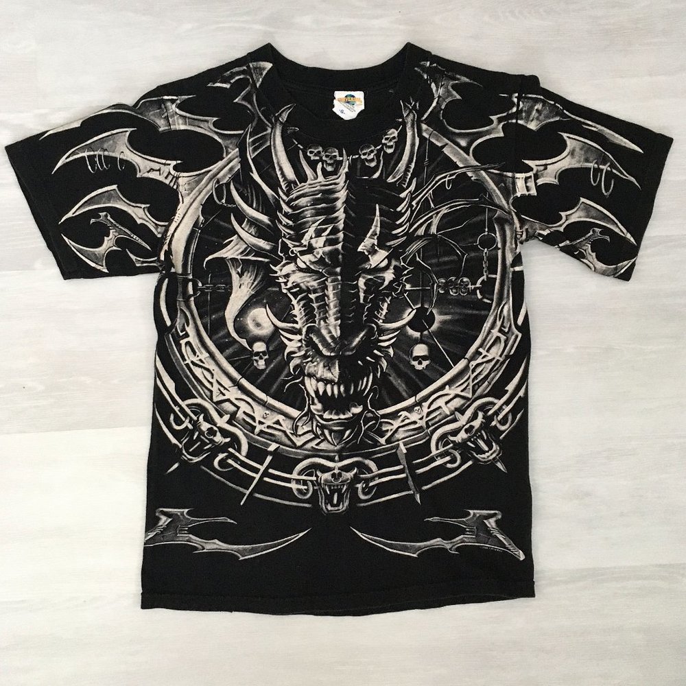 Unisex Vintage Liquid Blue Double-Sided Skeleton Dragon Tee Shirt Sz S 2008